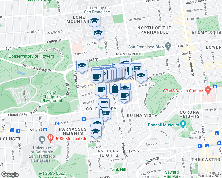 map of restaurants, bars, coffee shops, grocery stores, and more near 716 Clayton Street in San Francisco