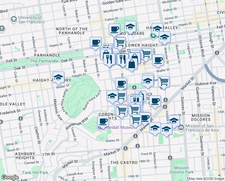 map of restaurants, bars, coffee shops, grocery stores, and more near Duboce Ave & Divisadero St in San Francisco