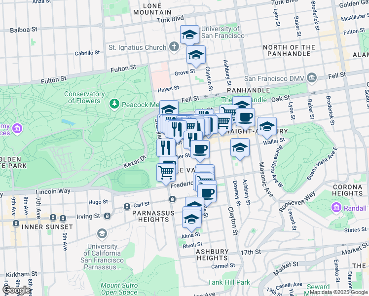 map of restaurants, bars, coffee shops, grocery stores, and more near 624 Shrader Street in San Francisco