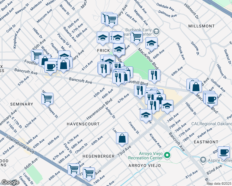map of restaurants, bars, coffee shops, grocery stores, and more near 2697 Havenscourt Boulevard in Oakland