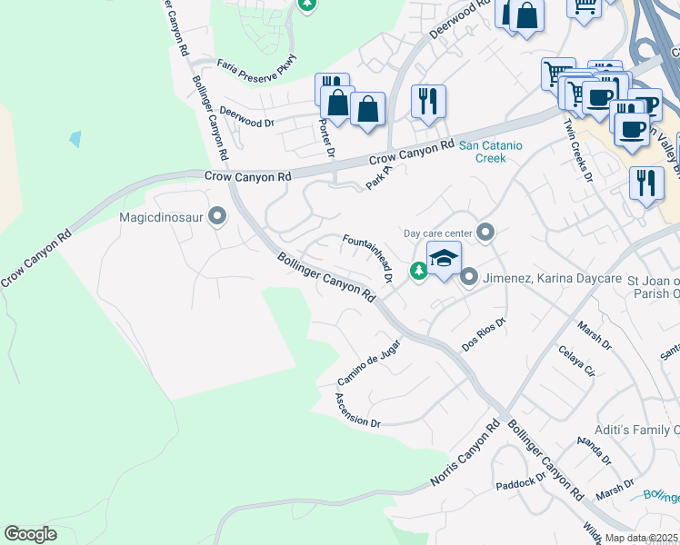 map of restaurants, bars, coffee shops, grocery stores, and more near 2721 Bollinger Canyon Road in San Ramon