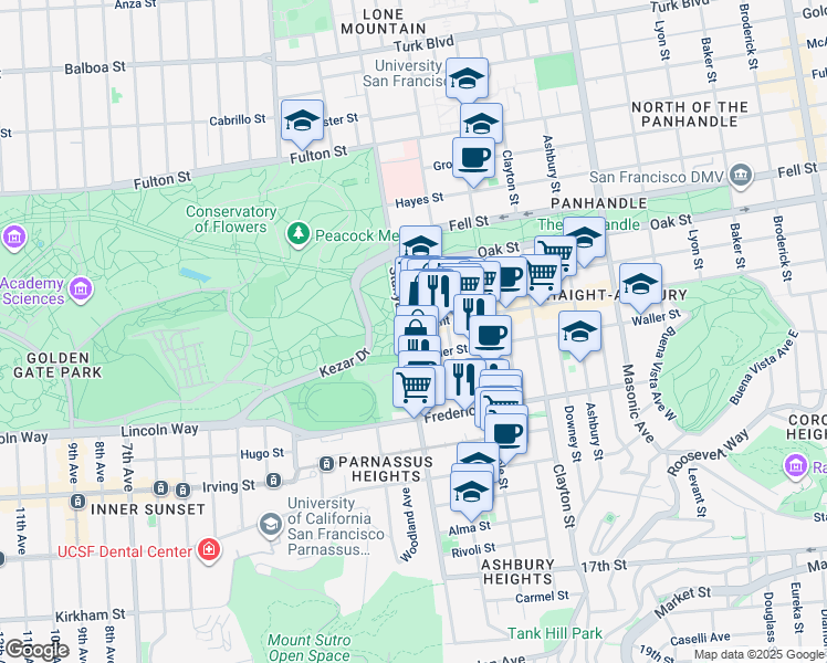 map of restaurants, bars, coffee shops, grocery stores, and more near 730 Stanyan Street in San Francisco