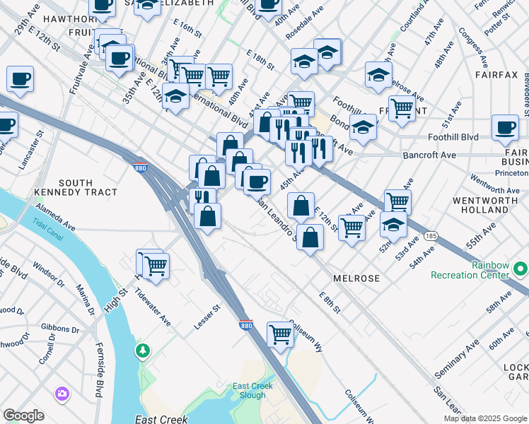 map of restaurants, bars, coffee shops, grocery stores, and more near 930 45th Avenue in Oakland