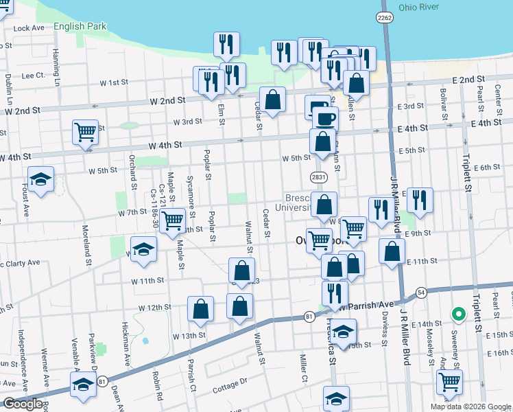 map of restaurants, bars, coffee shops, grocery stores, and more near 731 Walnut Street in Owensboro