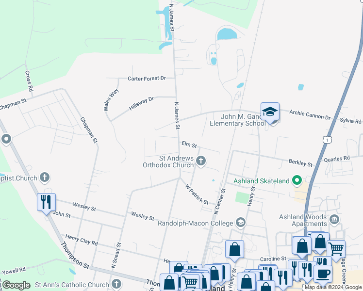 map of restaurants, bars, coffee shops, grocery stores, and more near 517 North James Street in Ashland