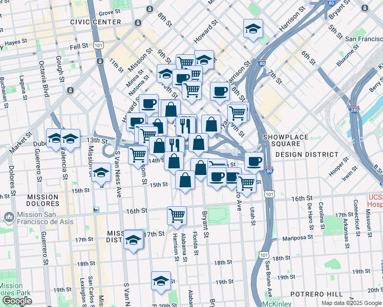 map of restaurants, bars, coffee shops, grocery stores, and more near 1300 Bryant Street in San Francisco