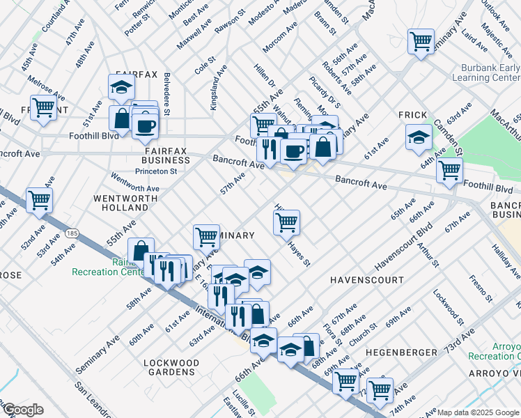 map of restaurants, bars, coffee shops, grocery stores, and more near Seminary Ave & Elizabeth St in Oakland