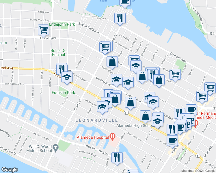 map of restaurants, bars, coffee shops, grocery stores, and more near 1831 Alameda Avenue in Alameda