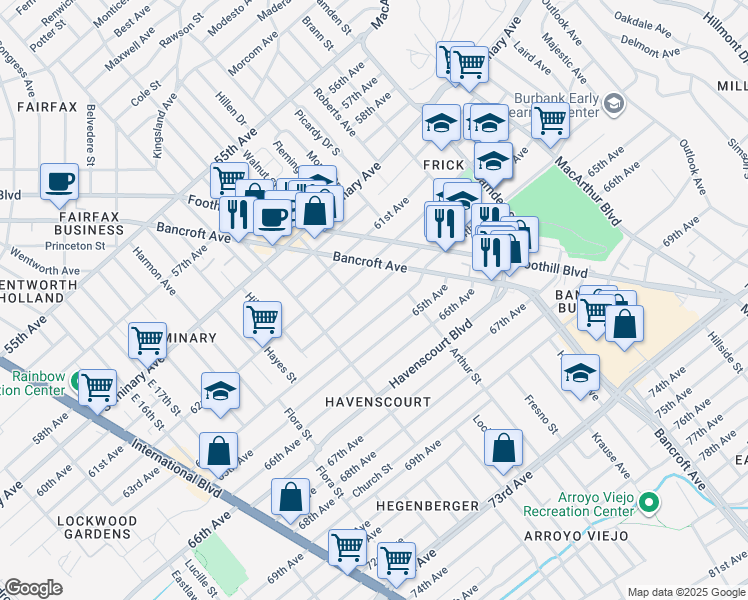 map of restaurants, bars, coffee shops, grocery stores, and more near 2568 63rd Avenue in Oakland