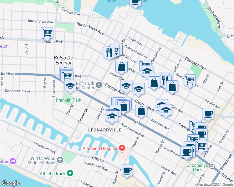 map of restaurants, bars, coffee shops, grocery stores, and more near in Alameda