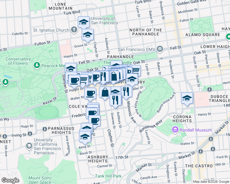map of restaurants, bars, coffee shops, grocery stores, and more near Waller St & Ashbury St in San Francisco