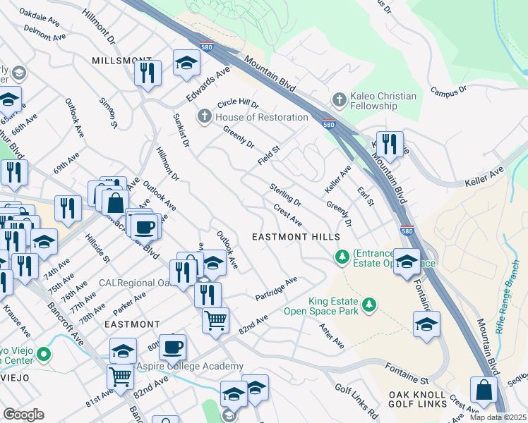map of restaurants, bars, coffee shops, grocery stores, and more near 7831 Sunkist Drive in Oakland