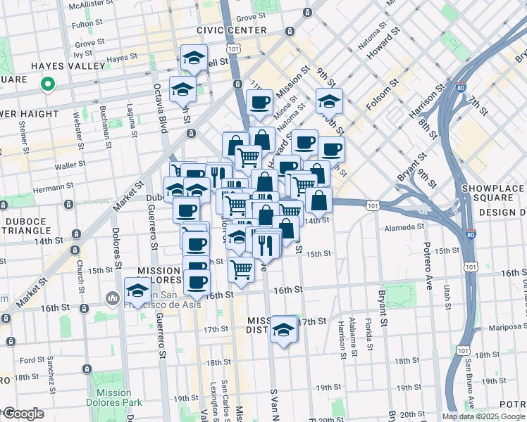 map of restaurants, bars, coffee shops, grocery stores, and more near 259 South Van Ness Avenue in San Francisco