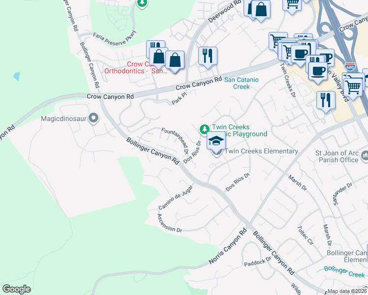 map of restaurants, bars, coffee shops, grocery stores, and more near 2917 Fountainhead Drive in San Ramon