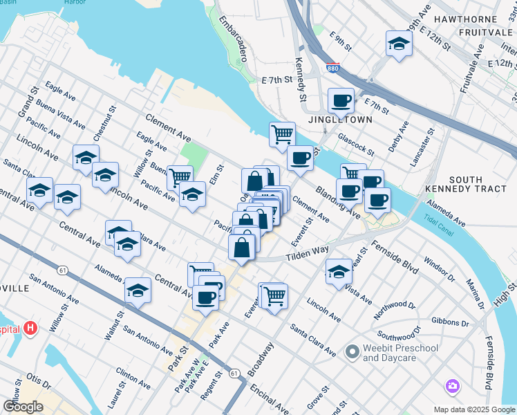 map of restaurants, bars, coffee shops, grocery stores, and more near 1650 Park Street in Alameda