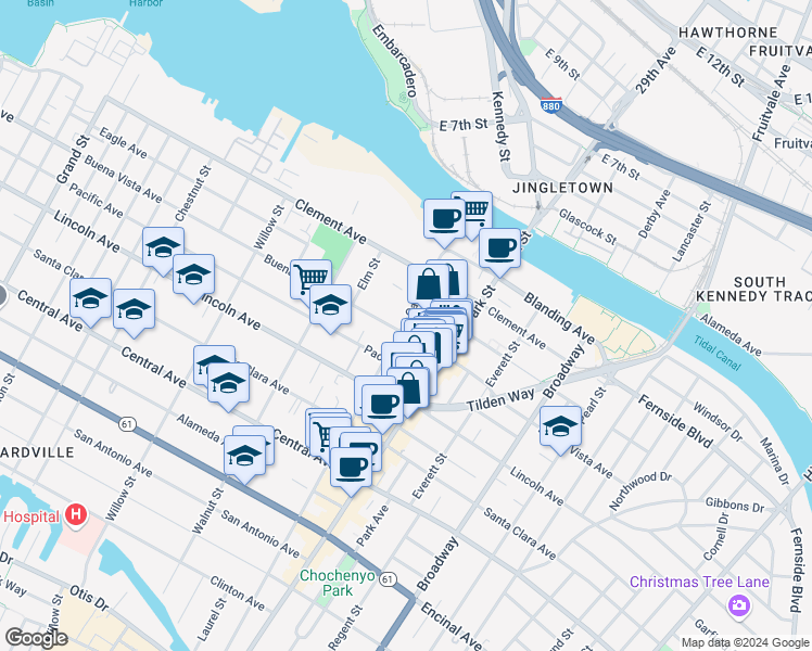 map of restaurants, bars, coffee shops, grocery stores, and more near 2310 Buena Vista Avenue in Alameda