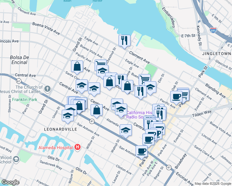map of restaurants, bars, coffee shops, grocery stores, and more near 2109 Santa Clara Avenue in Alameda