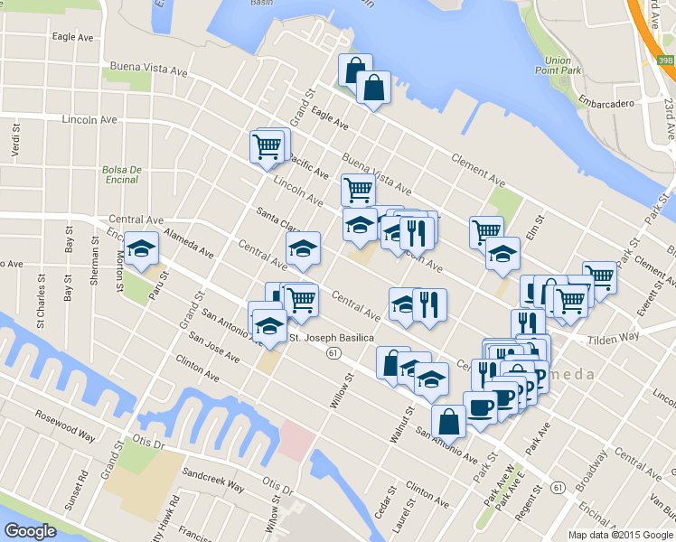 map of restaurants, bars, coffee shops, grocery stores, and more near 2025 Central Avenue in Alameda
