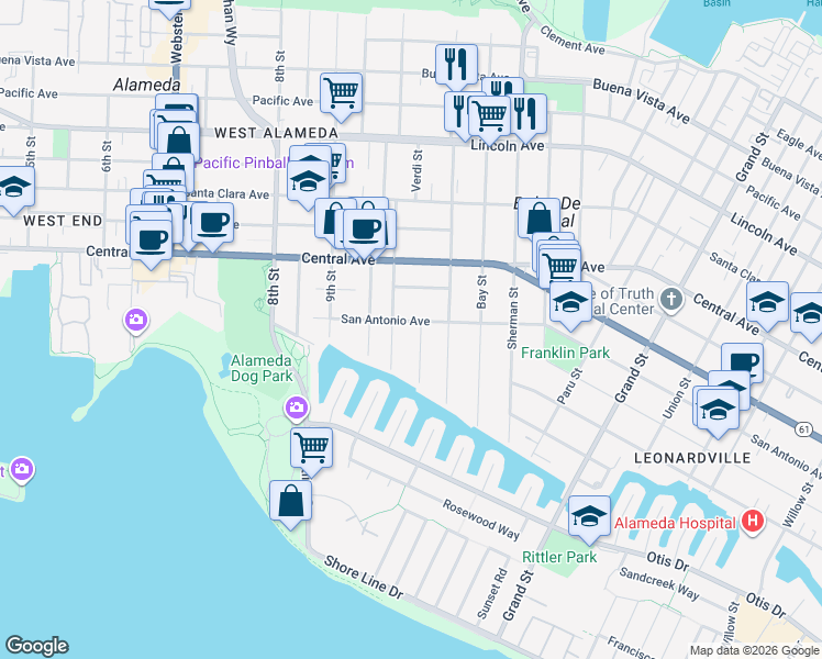 map of restaurants, bars, coffee shops, grocery stores, and more near 1278 Caroline Street in Alameda