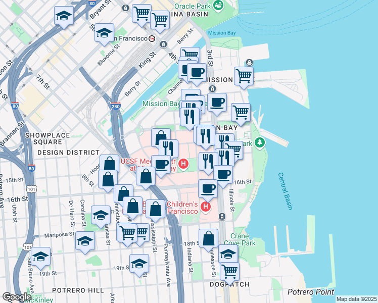 map of restaurants, bars, coffee shops, grocery stores, and more near 1550 4th Street in San Francisco