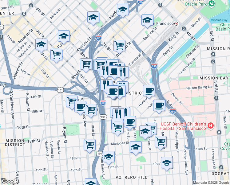 map of restaurants, bars, coffee shops, grocery stores, and more near 101 Henry Adams Street in San Francisco
