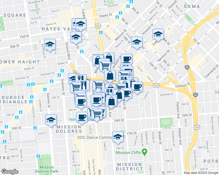map of restaurants, bars, coffee shops, grocery stores, and more near 288-292 South Van Ness Avenue in San Francisco