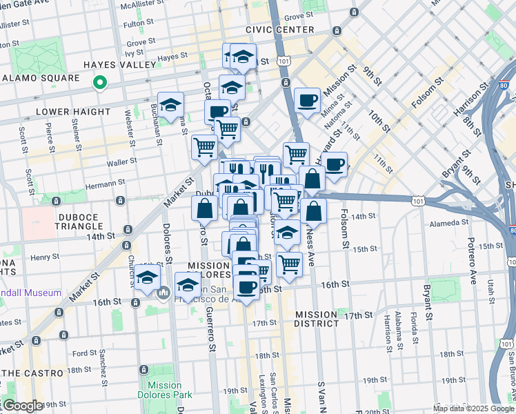 map of restaurants, bars, coffee shops, grocery stores, and more near 344 14th Street in San Francisco