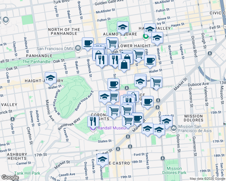 map of restaurants, bars, coffee shops, grocery stores, and more near 34 Castro Street in San Francisco