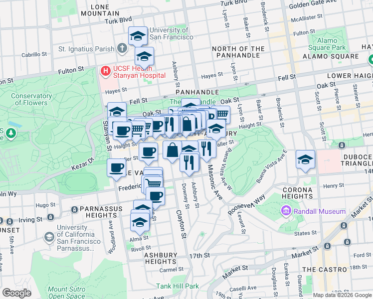 map of restaurants, bars, coffee shops, grocery stores, and more near 714 Ashbury Street in San Francisco