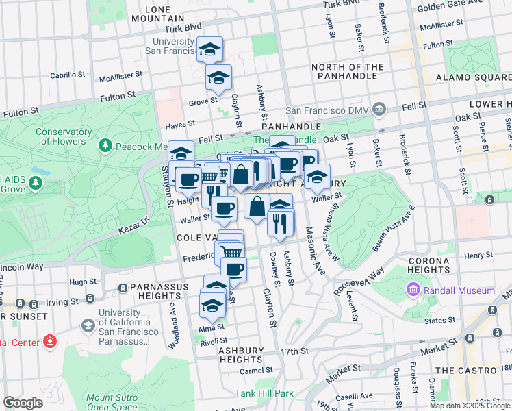 map of restaurants, bars, coffee shops, grocery stores, and more near 716 Clayton Street in San Francisco
