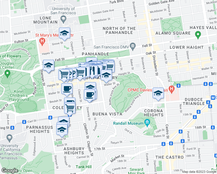 map of restaurants, bars, coffee shops, grocery stores, and more near 771 Buena Vista Avenue West in San Francisco