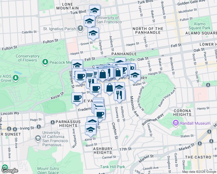 map of restaurants, bars, coffee shops, grocery stores, and more near 656 Clayton Street in San Francisco
