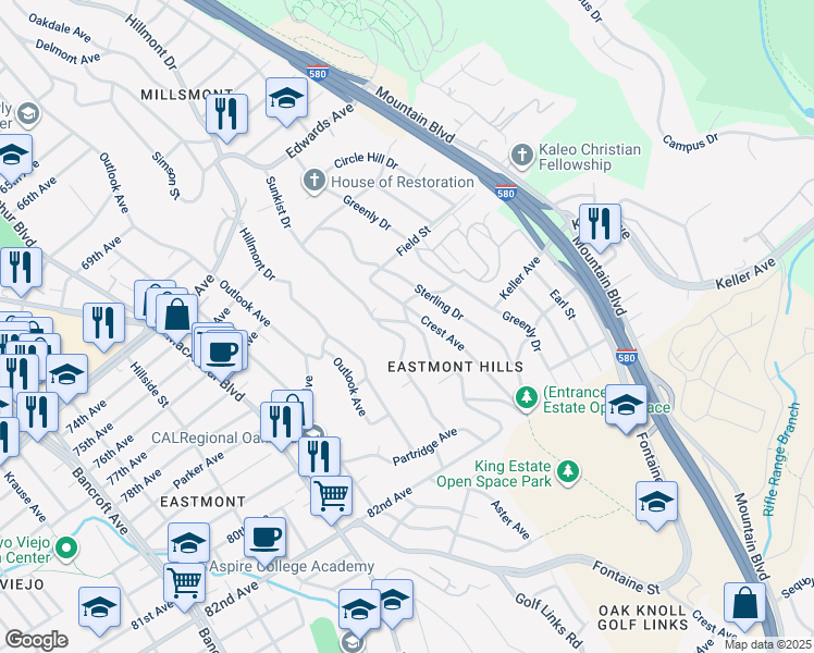 map of restaurants, bars, coffee shops, grocery stores, and more near 7831 Sunkist Drive in Oakland
