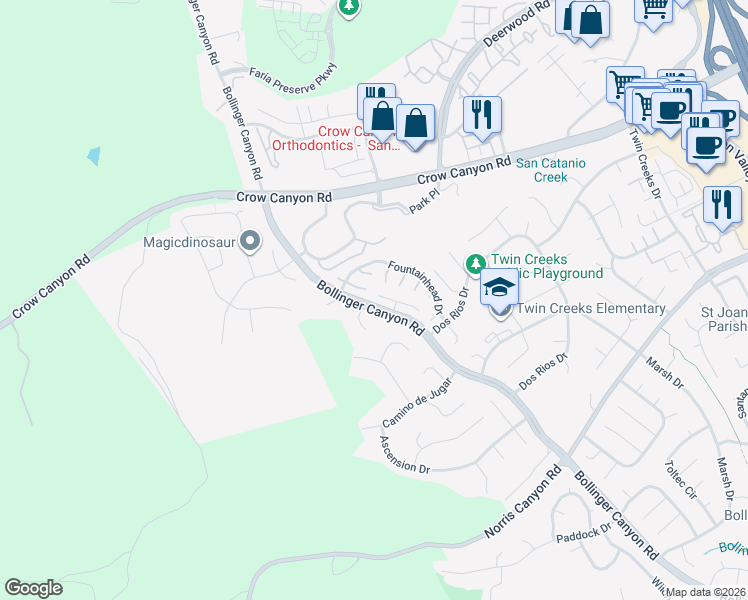 map of restaurants, bars, coffee shops, grocery stores, and more near 2724 Bollinger Canyon Road in San Ramon