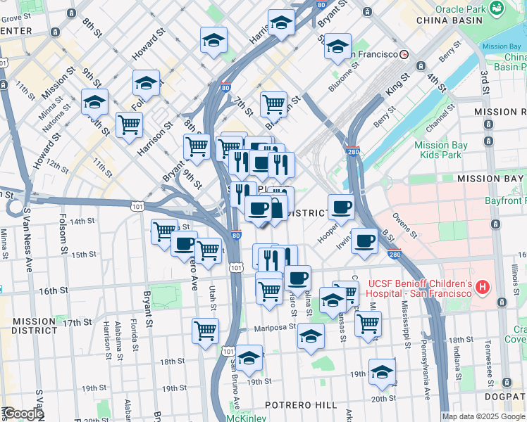 map of restaurants, bars, coffee shops, grocery stores, and more near 1 Henry Adams Street in San Francisco