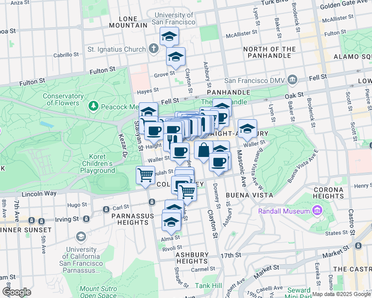 map of restaurants, bars, coffee shops, grocery stores, and more near 31 Belvedere Street in San Francisco