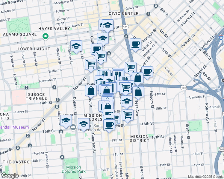 map of restaurants, bars, coffee shops, grocery stores, and more near 344 14th Street in San Francisco