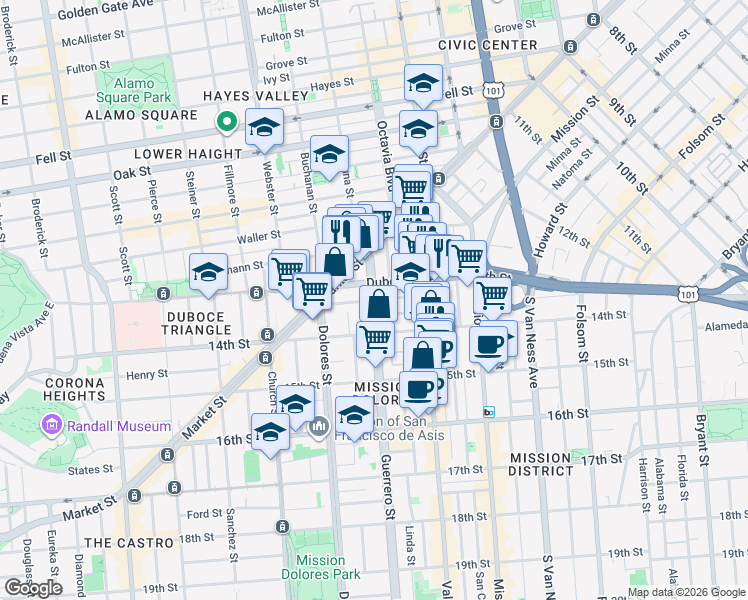 map of restaurants, bars, coffee shops, grocery stores, and more near Guerrero St & Clinton Park in San Francisco