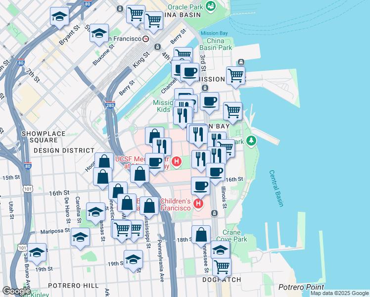 map of restaurants, bars, coffee shops, grocery stores, and more near 1550 4th Street in San Francisco