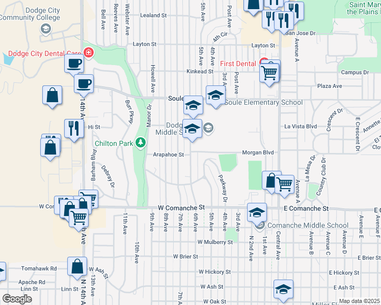 map of restaurants, bars, coffee shops, grocery stores, and more near 2000 6th Avenue in Dodge City