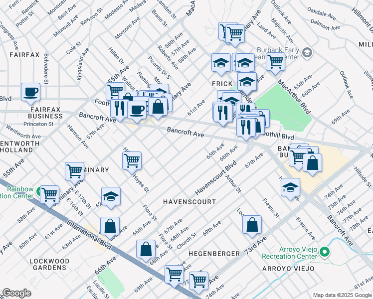 map of restaurants, bars, coffee shops, grocery stores, and more near 2568 63rd Avenue in Oakland