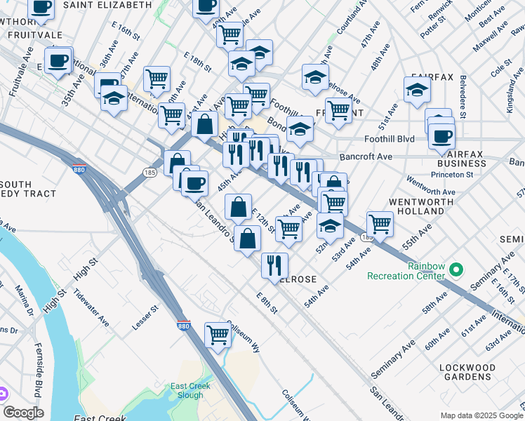 map of restaurants, bars, coffee shops, grocery stores, and more near 1050 47th Avenue in Oakland