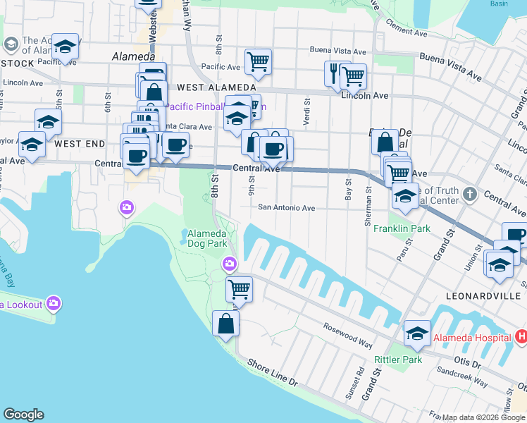 map of restaurants, bars, coffee shops, grocery stores, and more near 1275 Weber Street in Alameda