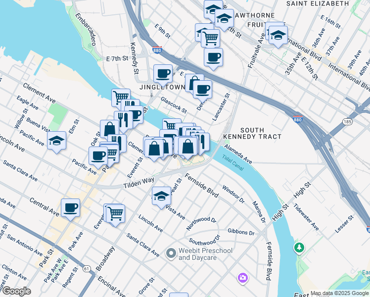 map of restaurants, bars, coffee shops, grocery stores, and more near 2531 Blanding Avenue in Alameda