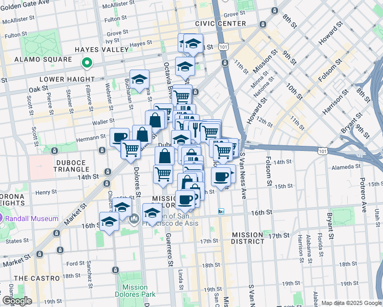 map of restaurants, bars, coffee shops, grocery stores, and more near in San Francisco