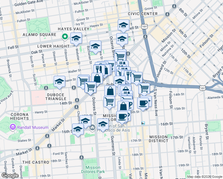 map of restaurants, bars, coffee shops, grocery stores, and more near Clinton Park in San Francisco