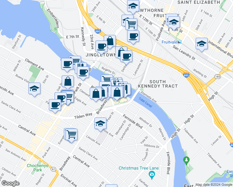 map of restaurants, bars, coffee shops, grocery stores, and more near 2601 Blanding Avenue in Alameda