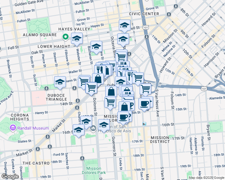 map of restaurants, bars, coffee shops, grocery stores, and more near Clinton Park in San Francisco