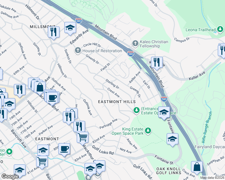 map of restaurants, bars, coffee shops, grocery stores, and more near 7883 Sunkist Drive in Oakland