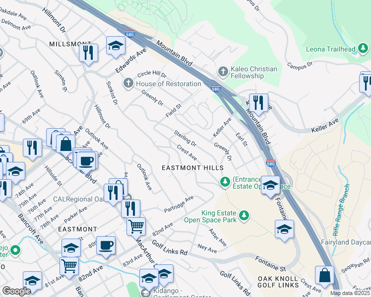 map of restaurants, bars, coffee shops, grocery stores, and more near 7883 Sunkist Drive in Oakland